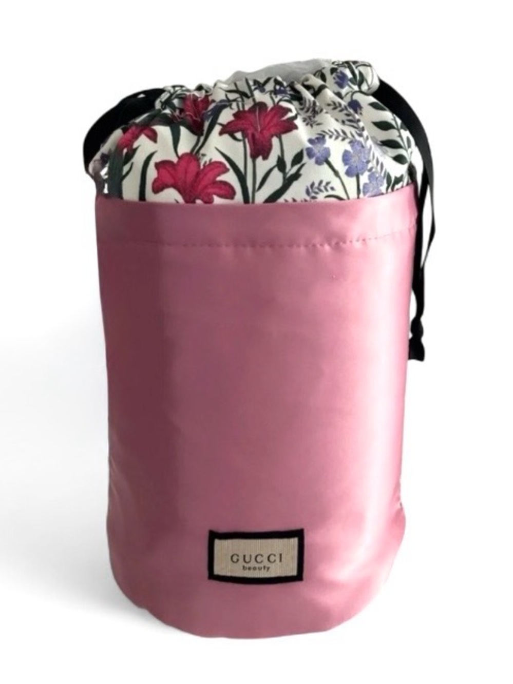 Gucci Beauty Pink Satin Floral Drawstring Cosmetic Travel Pouch Makeup Bag Luxe